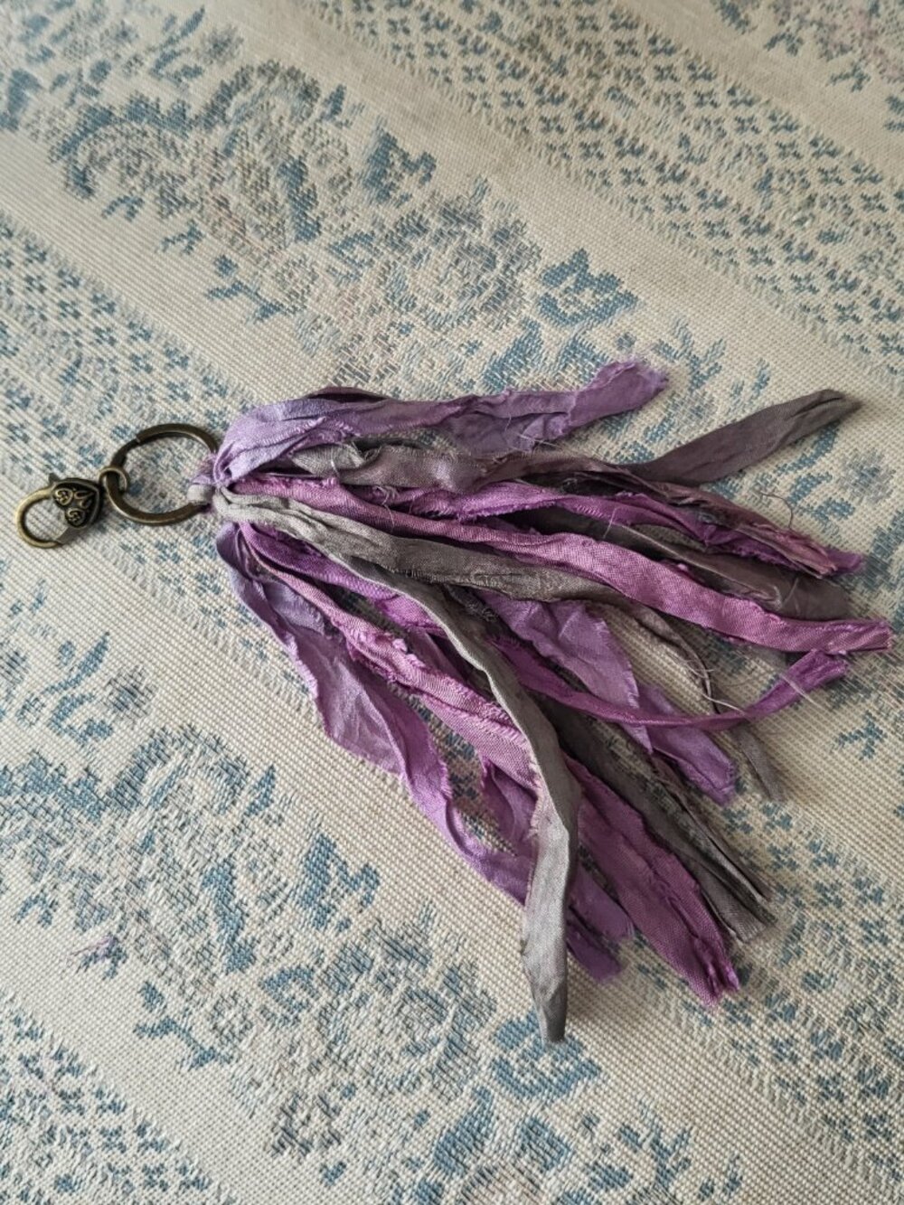 Boho Sari Silk Ribbon Tassel Keychain Bag Charm Junk Journal Dangle Purple